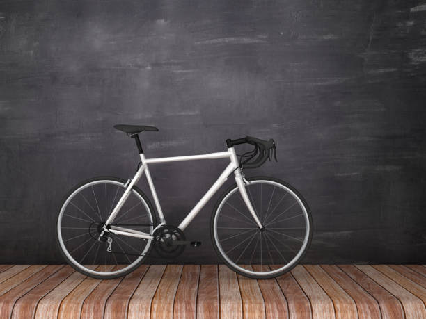 istock Bike on Wood Floor - Chalkboard Background - 3D Rendering 1144769316