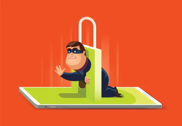 Vector illustration of cyber thief with padlock and smartphone