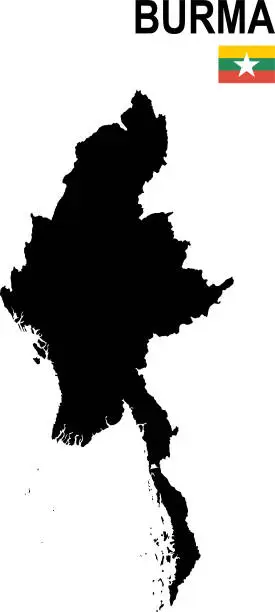 Vector illustration of Black basic map of Myanmar (Burma) with flag against white background