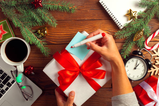 istock Flat lay Christmas decoration Office workplace 1144771457