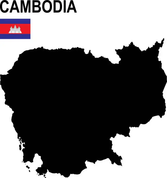 Vector illustration of Black basic map of Cambodia with flag against white background