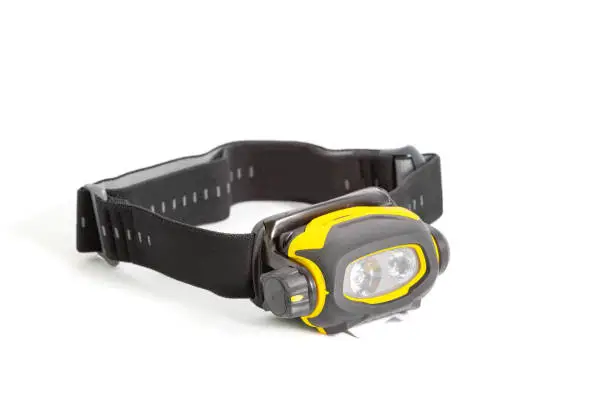 Head lamp flashlight with light beam studio shot