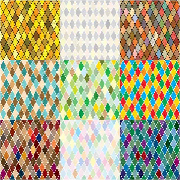 Vector illustration of Harlequin's polychromatic mosaic patchwork, multi-colored seamless patterns, set of 9 colorful tiles.