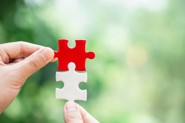 istock Hand connect white and red jigsaw parts with word problem & solution.   symbol of association and connection. business strategy. Teamwork concept. 1144773465
