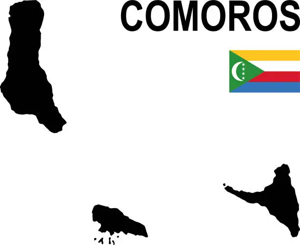 Vector illustration of Black basic map of Comoros with flag against white background
