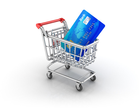 Credit Card with Shopping Cart - White Background - 3D Rendering