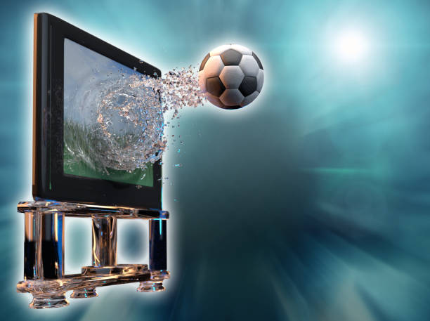 istock soccer ball flies out from the TV 3d render 1144775928