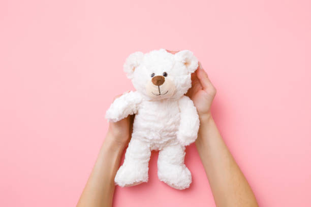 Smiling white teddy bear in girl hands on pastel pink background. Kids best friend. Point of view shot. Top view. Smiling white teddy bear in girl hands on pastel pink background. Kids best friend. Point of view shot. Top view. stuffed toy stock pictures, royalty-free photos & images
