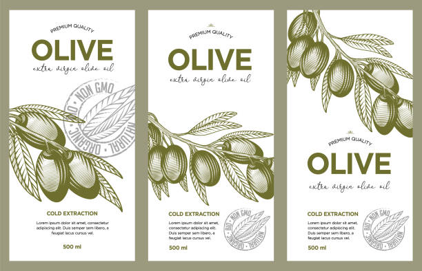 illustrazioni stock, clip art, cartoni animati e icone di tendenza di set di etichette per olio d'oliva. - olive tree oil industry cooking oil