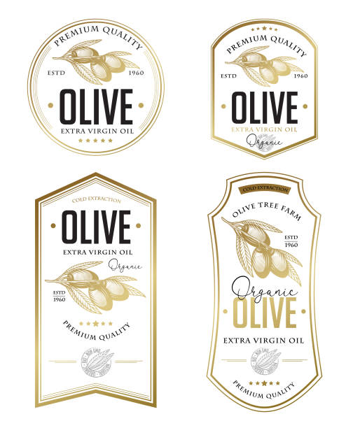 ilustrações, clipart, desenhos animados e ícones de jogo do projeto da etiqueta do emblema do petróleo verde. - olive tree oil industry cooking oil