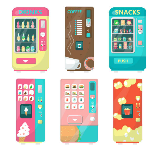 자동 판매기 세트, 벡터 평면 고립 된 삽화 - vending machine machine soda selling stock illustrations