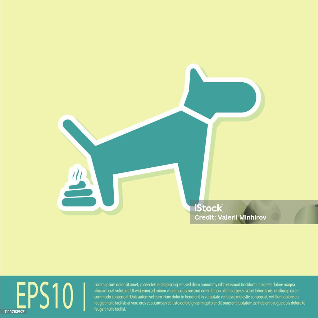 Green Dog pooping icon isolated on yellow background. Dog goes to the toilet. Dog defecates. The concept of place for walking pets. Vector Illustration Animal stock vector