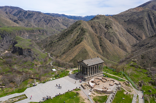 Aerial view of the famous temple of Garni in Armenia. The Ionic pagan temple \nis the only standing Greco-Roman colonnaded building in Armenia and the former Soviet Union.