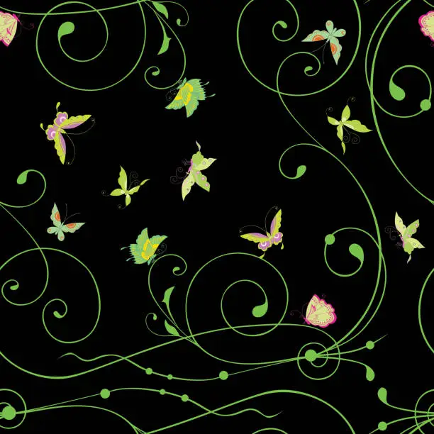 Vector illustration of Seamless background of decorative tendrils and butterflies