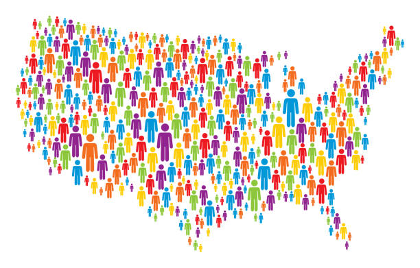 USA Map Made of Multicolored Stickman Figures Vector of USA Map Made of Multicolored Stickman Figures crowd of people icons stock illustrations