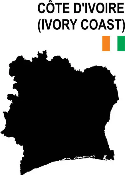 Vector illustration of Black basic map of Ivory Coast with flag against white background