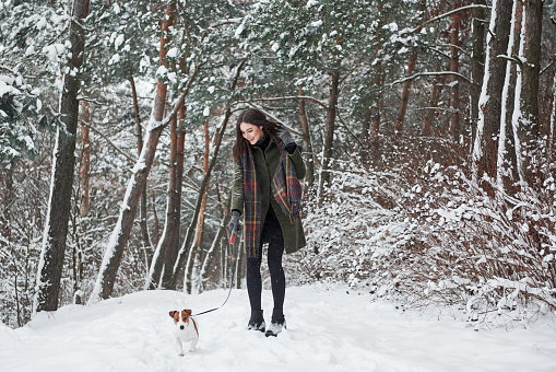 Cute little pet outdoors. Woman in warm clothes walks the dog in the snowy forest. Front view.
