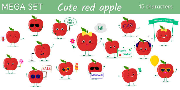 illustrations, cliparts, dessins animés et icônes de mega ensemble de quinze mignons kawaii pommes rouges caractères dans diverses poses et accessoires dans le style de dessin animé. illustration de vecteur, conception plate - smiley face audio