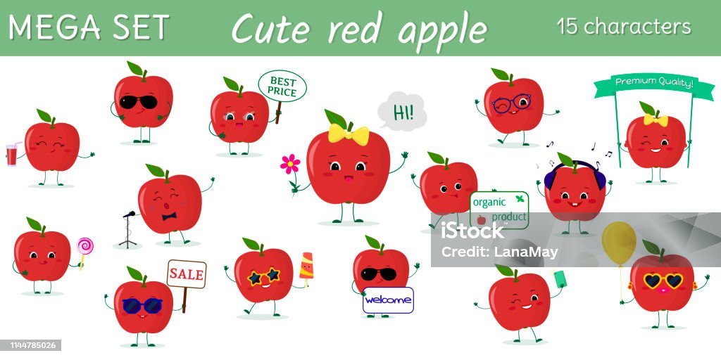 Mega set of fifteen cute kawaii red apples characters in various poses and accessories in cartoon style. Vector illustration, flat design Mega set of fifteen cute kawaii red apples characters in various poses and accessories in cartoon style. Vector illustration, flat design. Apple - Fruit stock vector