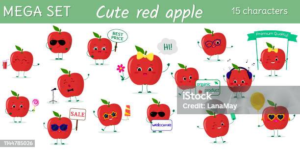 Mega Set Of Fifteen Cute Kawaii Red Apples Characters In Various Poses And Accessories In Cartoon Style Vector Illustration Flat Design Stock Illustration - Download Image Now