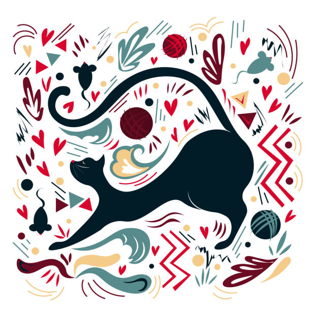 ilustrações, clipart, desenhos animados e ícones de ilustração gráfica do vetor com ornamento e símbolos. o gato preto flexível bonito estica delicadamente. - red bauble audio
