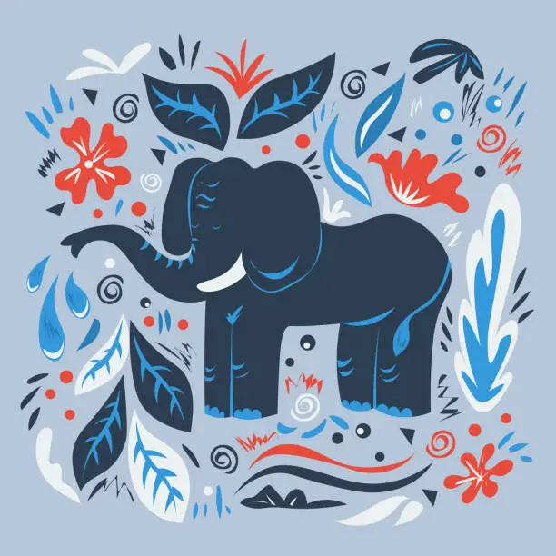 Vector illustration of Graphic vector illustration with ornaments and symbols. Large elephant with a fountain of the trunk.