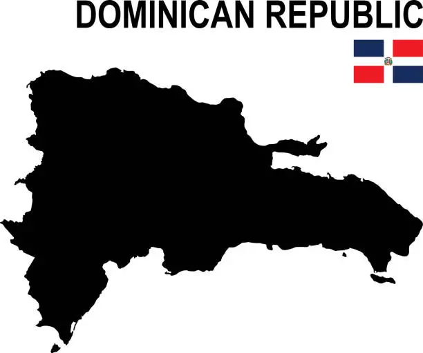 Vector illustration of Black basic map of Dominican Republic with flag against white background
