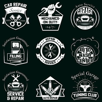 Car service badge label logo set. Vector monochrome illustration in retro style. Car service and repair, auto wash center, filling station, special garage, tuning club typography.