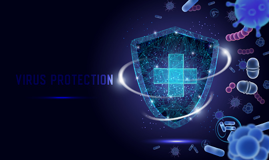 Virus protection vector web banner, website page template. Polygonal art style medical shield with cross protecting from bacteria and microbes. Virology, microbiology and medicine.