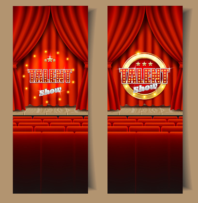 Talent show vertical vector banner template set. Talent show sign with light bulbs on realistic red velvet curtains, wooden theater stage and seats for audience. Talent contest, competition concept.