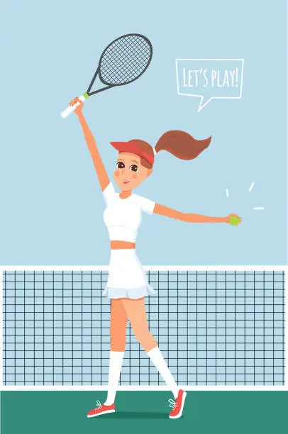 Vector illustration of Vector illustration of girl playing tennis on the court. Cute happy young woman in white t -shirt and skirt with tennis racquet and ball in her hands.