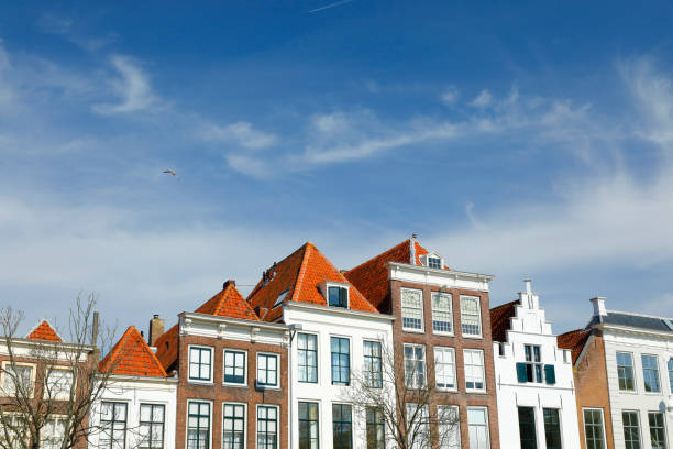 Graphic image of partly submerged houses whose structure resembles the historic Dutch - styled architecture