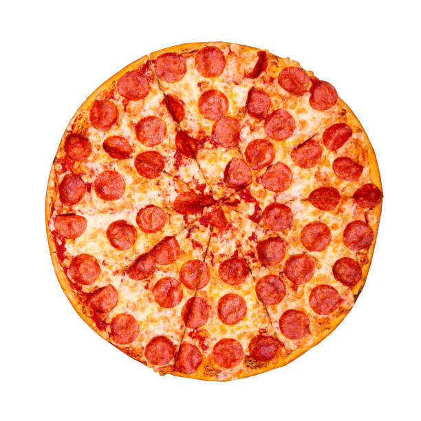istock Fresh tasty pizza with pepperoni isolated on white background. Top view 1144793036