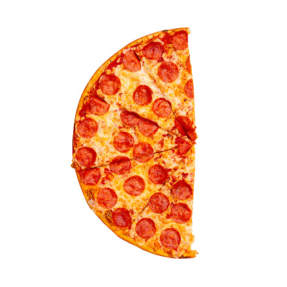 Fresh tasty half pepperoni pizza isolated on white background. Top view.