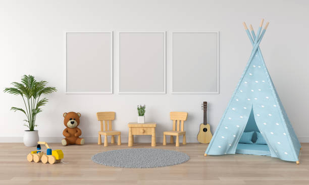 istock Three empty photo frame for mockup in child room, 3D rendering 1144795230