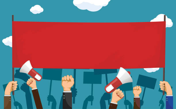 People hold red blank banner with copy-space. People hold red blank banner with copy-space. Pickets and demonstrations. Strike of workers. Vector illustration. megaphone borders stock illustrations