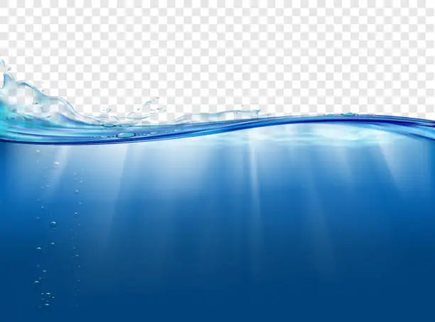 Vector illustration of Underwater landscape with sunbeams. Water surface background.
