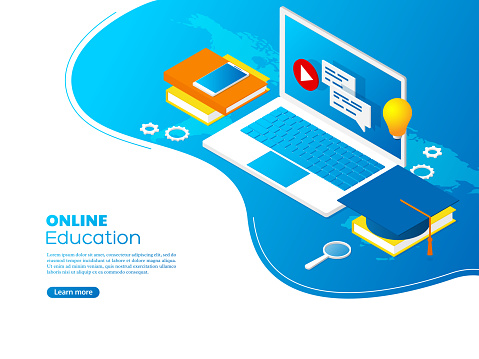 Modern isometric online education concept. Landing page for e-learning, distance education, tutorials. Vector illustration.