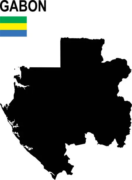 Vector illustration of Black basic map of Gabon with flag against white background