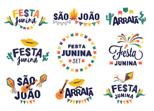 ilustrações, clipart, desenhos animados e ícones de festa junina party design logo set. - festa junina