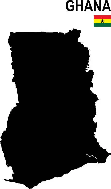 Vector illustration of Black basic map of Ghana with flag against white background
