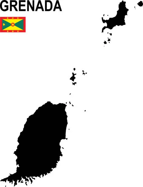 Vector illustration of Black basic map of Grenada with flag against white background