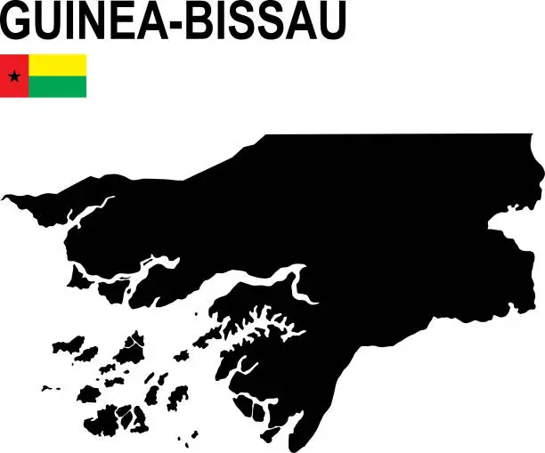 Vector illustration of Black basic map of Guinea-Bissau with flag against white background