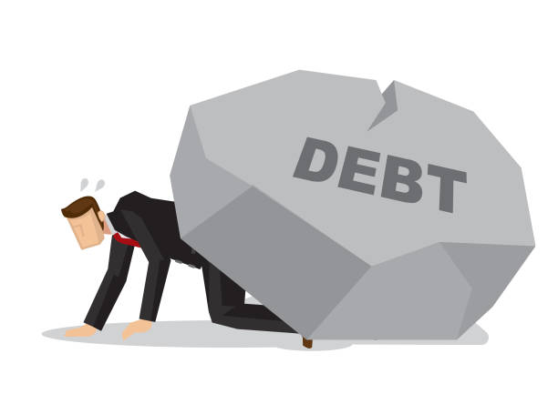 istock Tired businessman under a giant rock title debt. Corporate business crisis, disaster, misfortune or fail concept. Isolated vector illustration. 1144801890