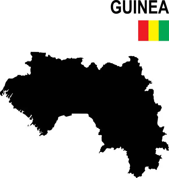 Vector illustration of Black basic map of Guinea with flag against white background