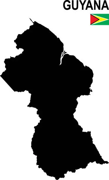 Vector illustration of Black basic map of Guyana with flag against white background