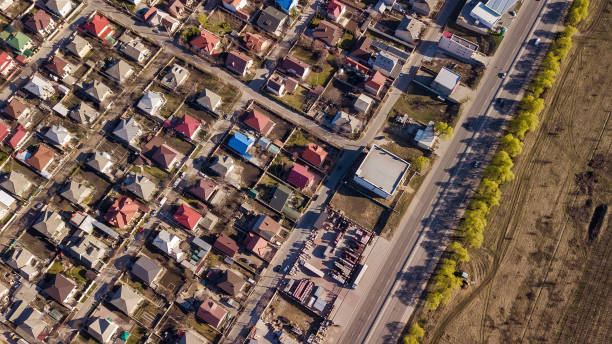 istock Aerial drone flight over a suburban community 1144802647