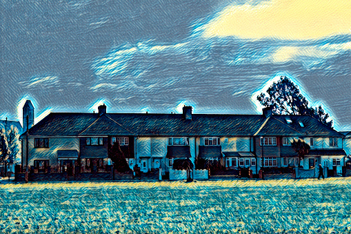 A block of houses on Figges Marsh in Mitcham, Surrey, England, is given the Van Gogh treatment, with dashes of blue and yellow \