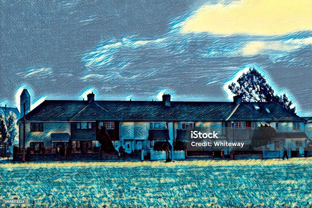 Block of house on Figfes Marsh Mitcham Van Gogh style A block of houses on Figges Marsh in Mitcham, Surrey, England, is given the Van Gogh treatment, with dashes of blue and yellow "paint". Vincent Van Gogh - Painter Stock Photo