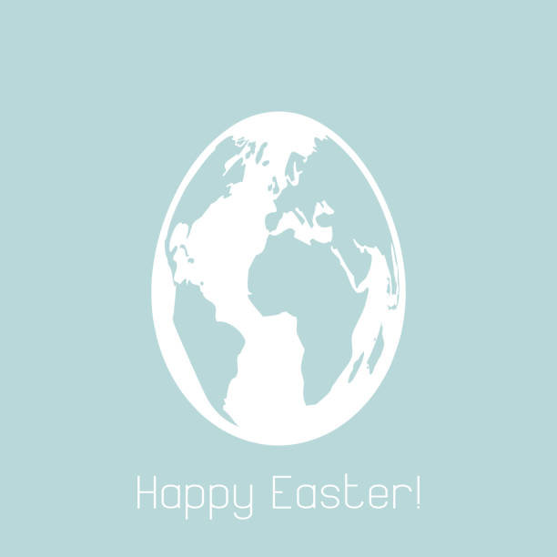 Happy Easter gritting card. Happy Easter gritting card. White egg with world map isolated on blue background. Holiday symbol illustration. world nature heritage stock illustrations